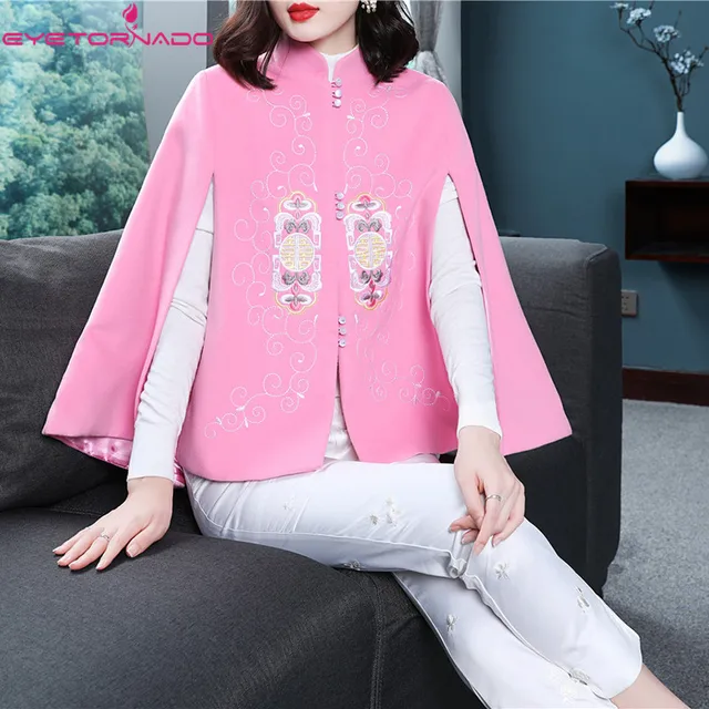 Disc Women Chinese Style Autumn Winter Flower Letter Embroidery Stand Collar Oversize Batwing Sleeve Solid Elegant Poncho Cloak Cape