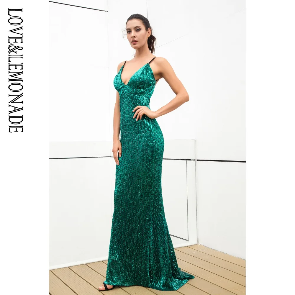 Love& Lemonade зеленое эластичное длинное платье с v-образным вырезом и блестками LM0828