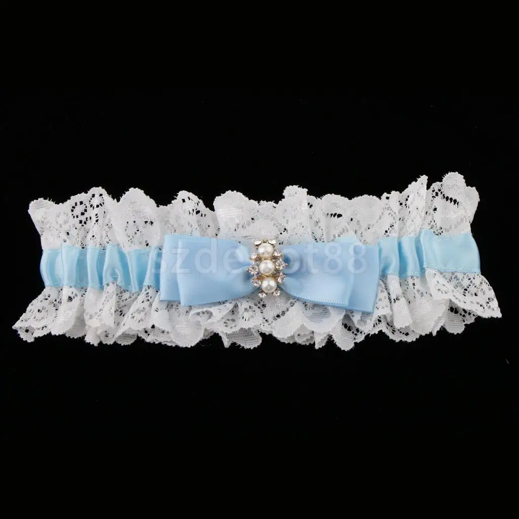 Wedding Bridal Lace Garter Pearls Rhinestone Satin Bow Thigh Ring Keepsake &Toss White and Blue