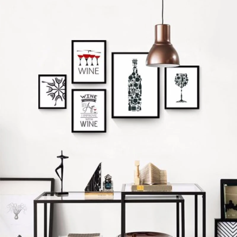 

Nordic Modern Creative Black White Wine Glass With English Lettters Canvas Painting Wall Poster For Living Room Kitchen Decor