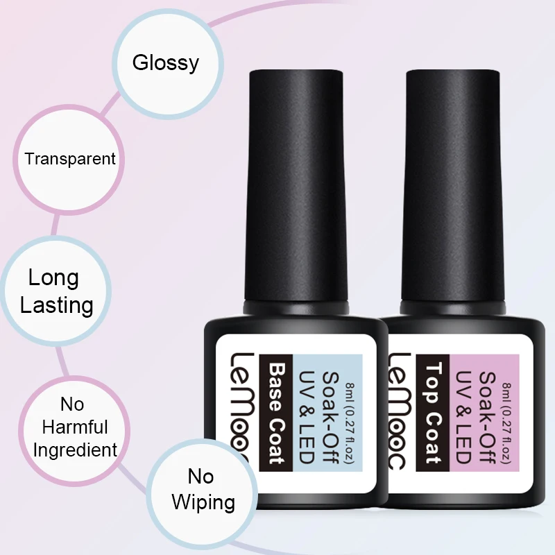 LEMOOC 8 مللي معطف فوقي قاعدة معطف نقع قبالة هلام مسمار البولندية الأشعة فوق البنفسجية الصمام مسمار بناء الاصبع UV جل ورنيش شفافة مسمار الفن ورني...