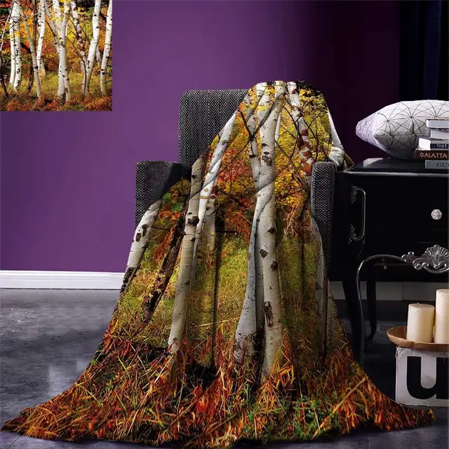 Fall Decor Throw Blanket Fall Birch Trees with Autumn Leaves Growth
