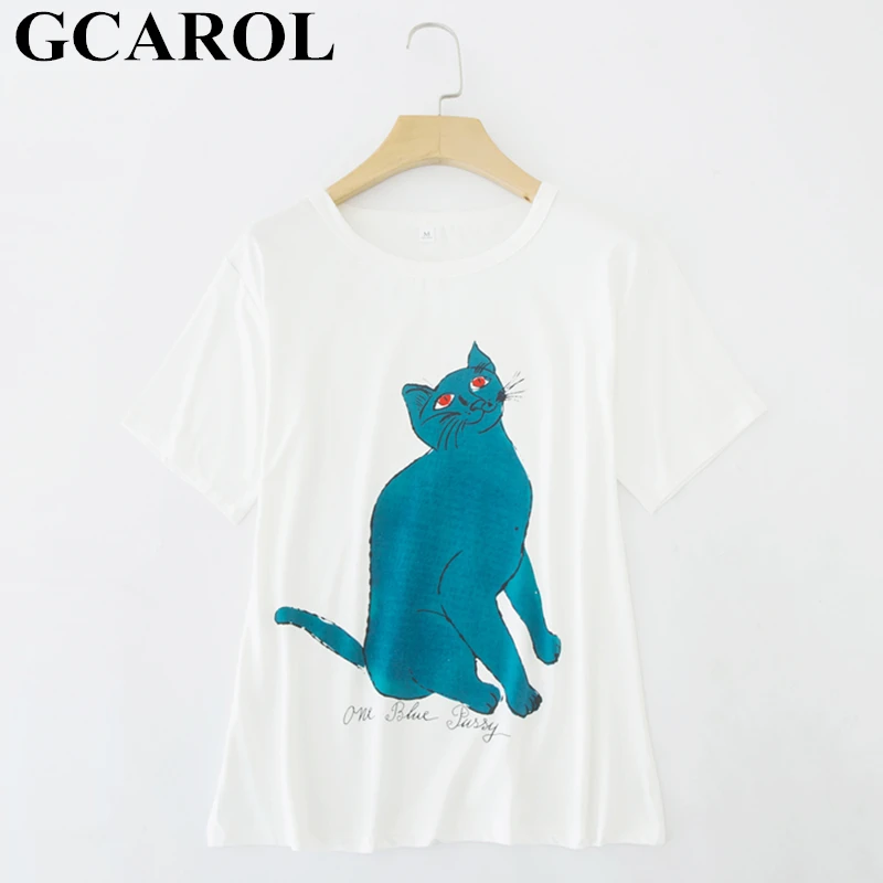 GCAROL 2019 Для женщин синий кот напечатаны Симпатичные Футболка с милой надписью летние длинные недорогие футболки Chic Завышение Топы M-2XL