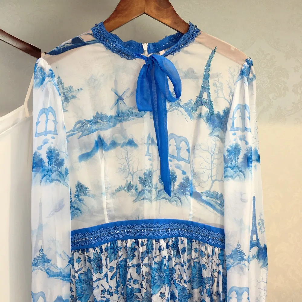 Высокое качество летние дизайнерские модные синие бисерный принт бриллианты с воротником-стойкой и галстуком-бабочкой и длинными рукавами лодыжки-Длина Праздник платье трапециевидной формы
