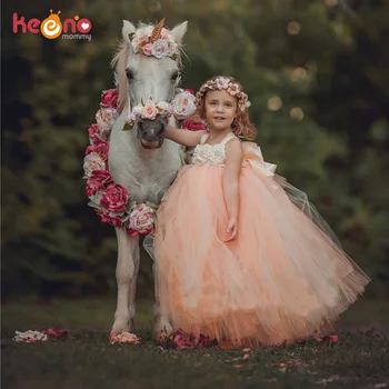 Handmade Fairy Peach Flower Girls Wedding Tutu Dress Princess Kids Ball Gown Dress for Girls Pageant Party Clothes Tulle Dress princess fluffy dress for girls pageant dress floral kids evening ball gown long girls prom dress pink party dress for girls