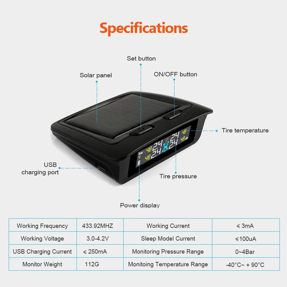 2018 Newest TPMS Tire Pressure Alarm System With 4 Sensors Solar Energy Tire Monitor Wireless Car Tire Alarm TPMS Solar Power