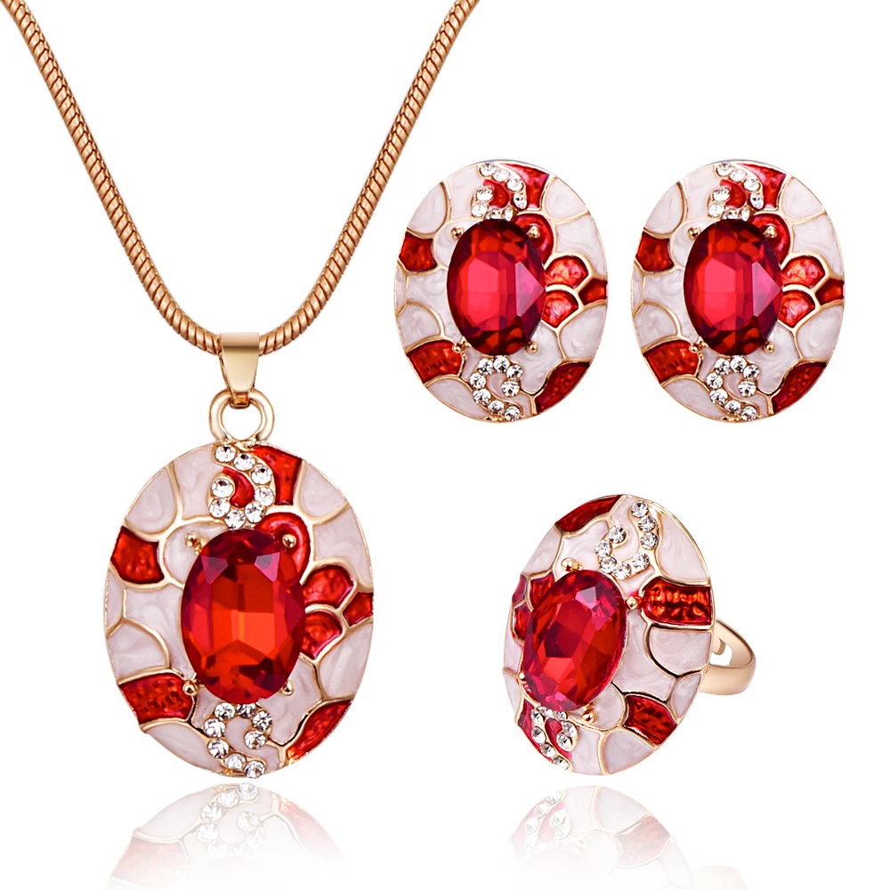

Luxury Trendy Crystal Jewelry Sets For Women Gold Color Multicolor Enamel Big Oval Gem Pendant Necklace Earrings Ring Set