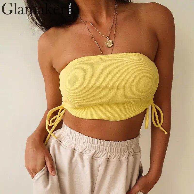 Glamaker Knitted tube tank top women streetwear Summer style bustier sexy top female Yellow knit top crop short tanks cami