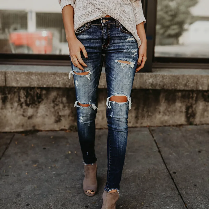 

Summer Ripped Women's Jeans 2019 Mid Waist Ripped Pencil Pant Women Women's Cotton Elastic Hole Casual Women Jeans Pants