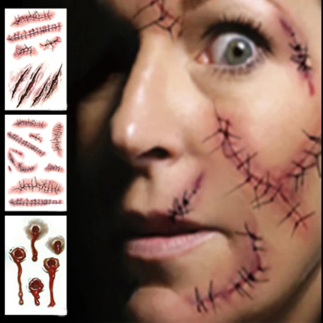 Best Price Halloween Cosplay Props Zombie Scars Tattoos with False Knots Bloody Makeup Halloween Decor Wounds Scary Blood Scarf Stickers