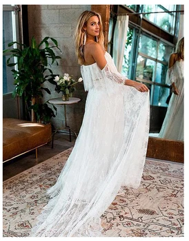 

LORIE Wedding Dress Lace A Line Vintage Princess Boho Wedding Gown White Ivory Bride Dress Flare Sleeves Beach Bride Dress 2019