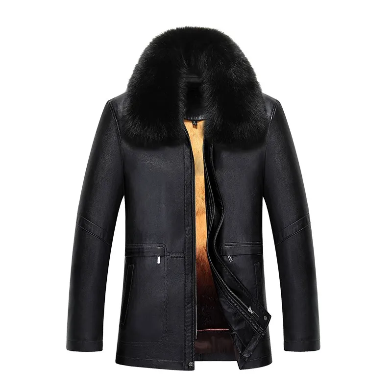 mink fur collar bk Новинка 6876, Мужская зимняя одежда, овчина, натуральная кожа, куртка, пальто, норка, меховой воротник, кроличий мех, толстая подкладка, натуральный мех, пальто - Цвет: mink fur collar bk