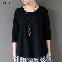 TaFiY весенне-летняя женская футболка винтажные женские топы свободные трикотажные хлопковые однотонные рубашки универсальные футболки с круглым вырезом и коротким рукавом