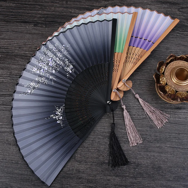 

1pcs Vintage Chinese Spun Silk Flower Printing Hand Fan Folding Hollow Carved Hand Fan Event Party Supplies