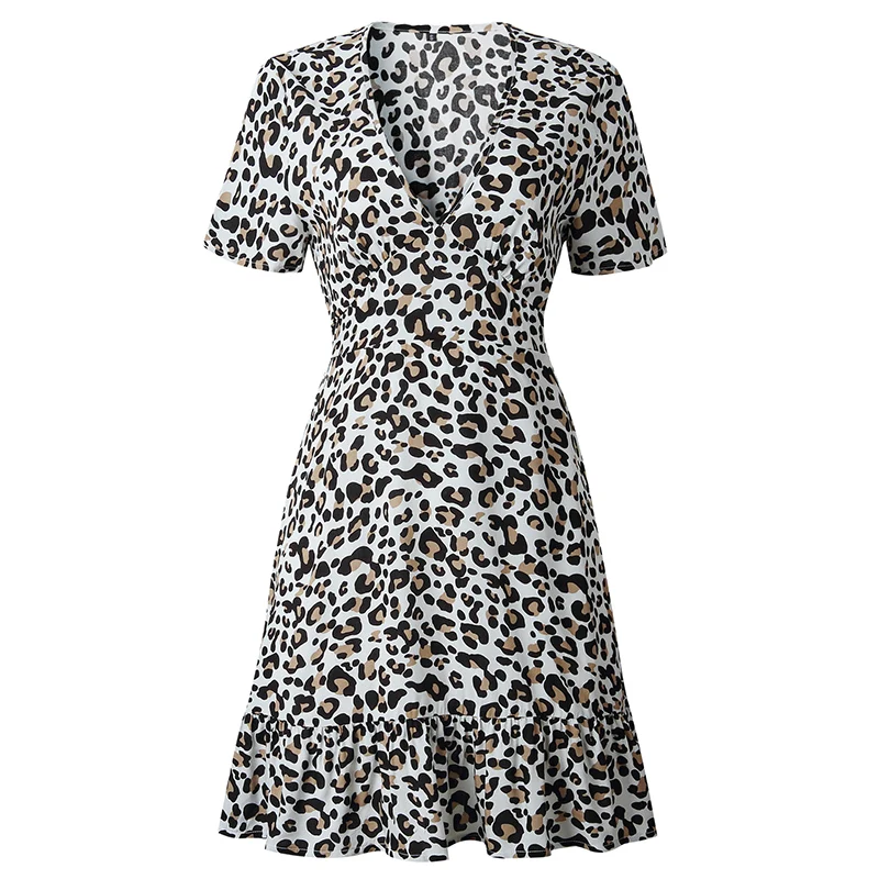 Forefair Print Leopard Dress sexy women short sleeve v neck Ruffle high waist Hem mini a line casual summer dress 2019 vestidos (27)