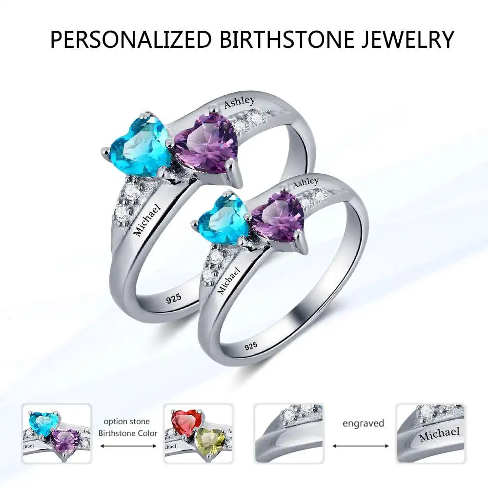 S Sterling Silver Engagement Rings For Women Birthstone Engrave Name Heart Wedding Ring Anniversary Gift (JewelOra RI101781)