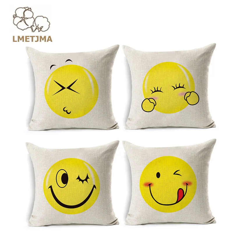 LMETJMA Cute Emoji Cushion Linen Emoji Pillow 45x45cm Throw Pillow Sofa
