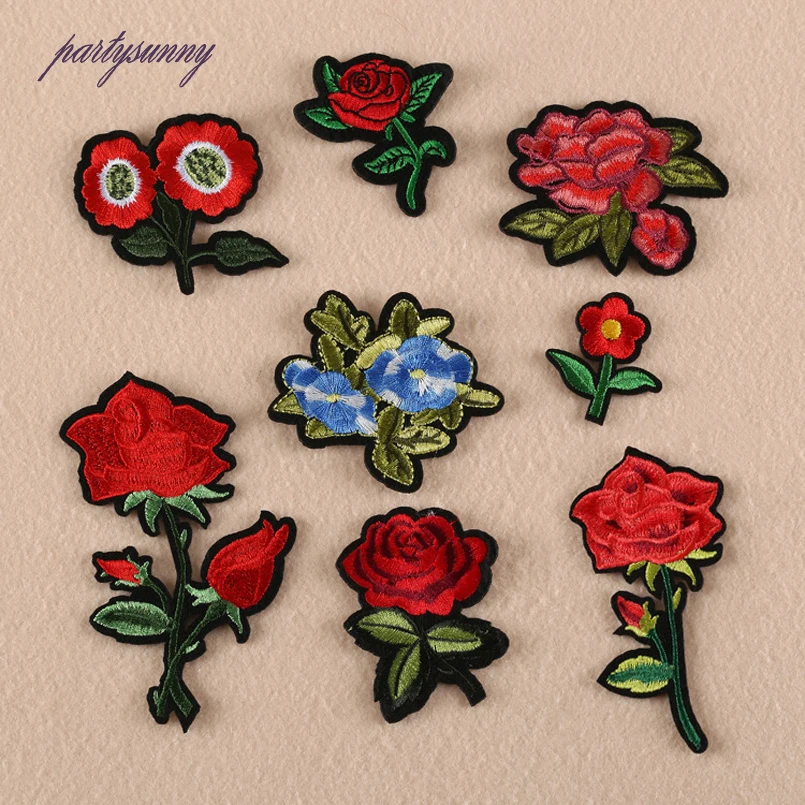 

PF Rose Fabric Patches Applique Embroidery Flower Patches Thermo-stickers for Jacket Iron on Patch for Clothes Accessories TB103