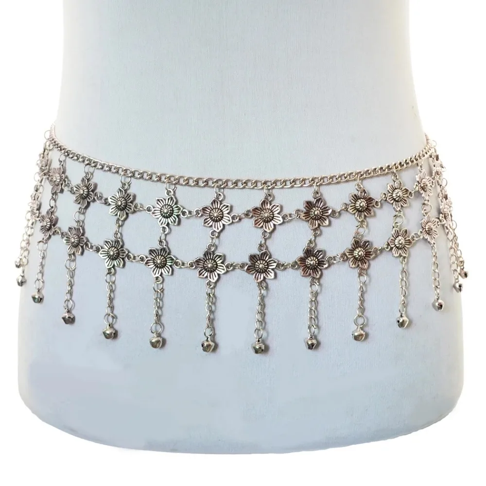  Turkish Antique Silver Metal Flower Tassel Wide Belt Waist Chain Belly Dance Body Chains Women Femm