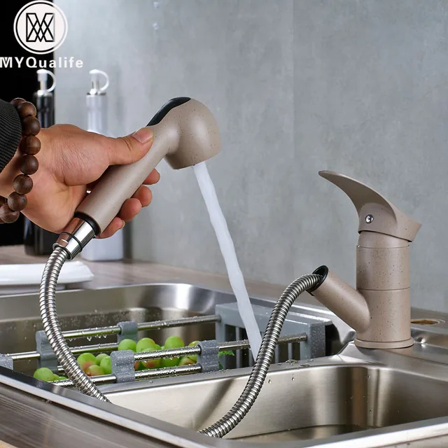 Cheap Newly 360 Swivel Kitchen Faucets Pull Out Kitchen Sink Mixer Crane Water-Saving Beige Basin Hot and Cold Water Tap