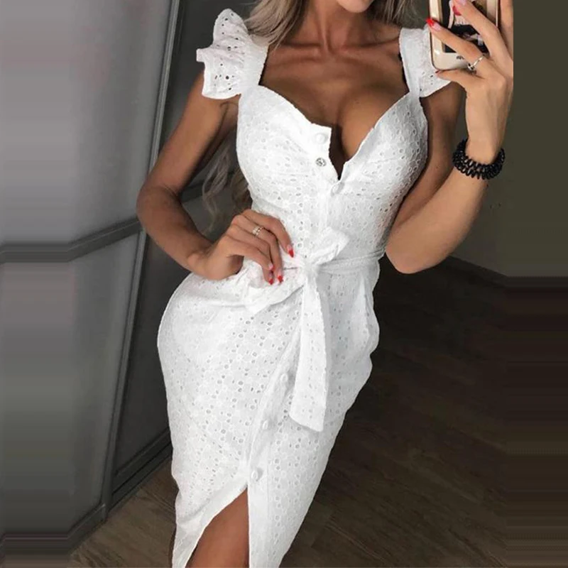 

Summer Women Single Breasted Knee-Length Bodycon Dress Elegant Lace Square Neck Wrap Belt Dress Solid Color Slim Fit Party Dress