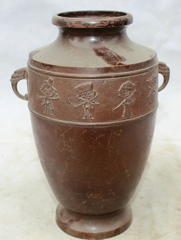 

Collectible bronze S1876 8" China Dynasty Bronze Figure circular handle Pot Jar Crock flower Bottle Vase
