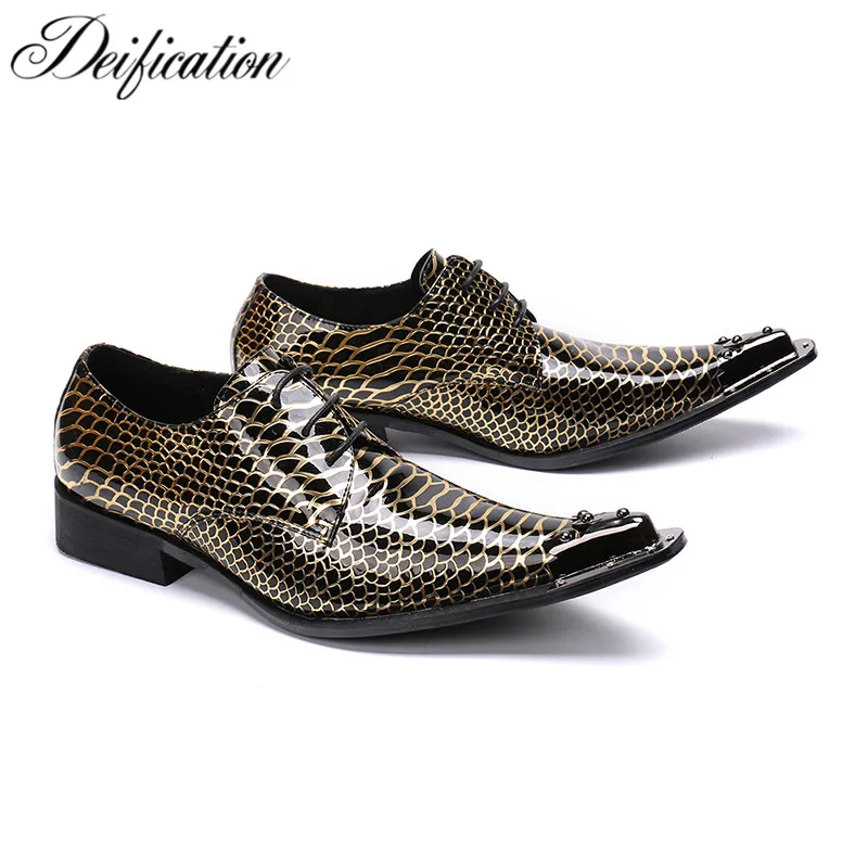 

Deification Snake Pattern Printed Genuine Leather Mens Dress Shoes Italian Business Male Oxford Shoes Night Club Men Flats 2019