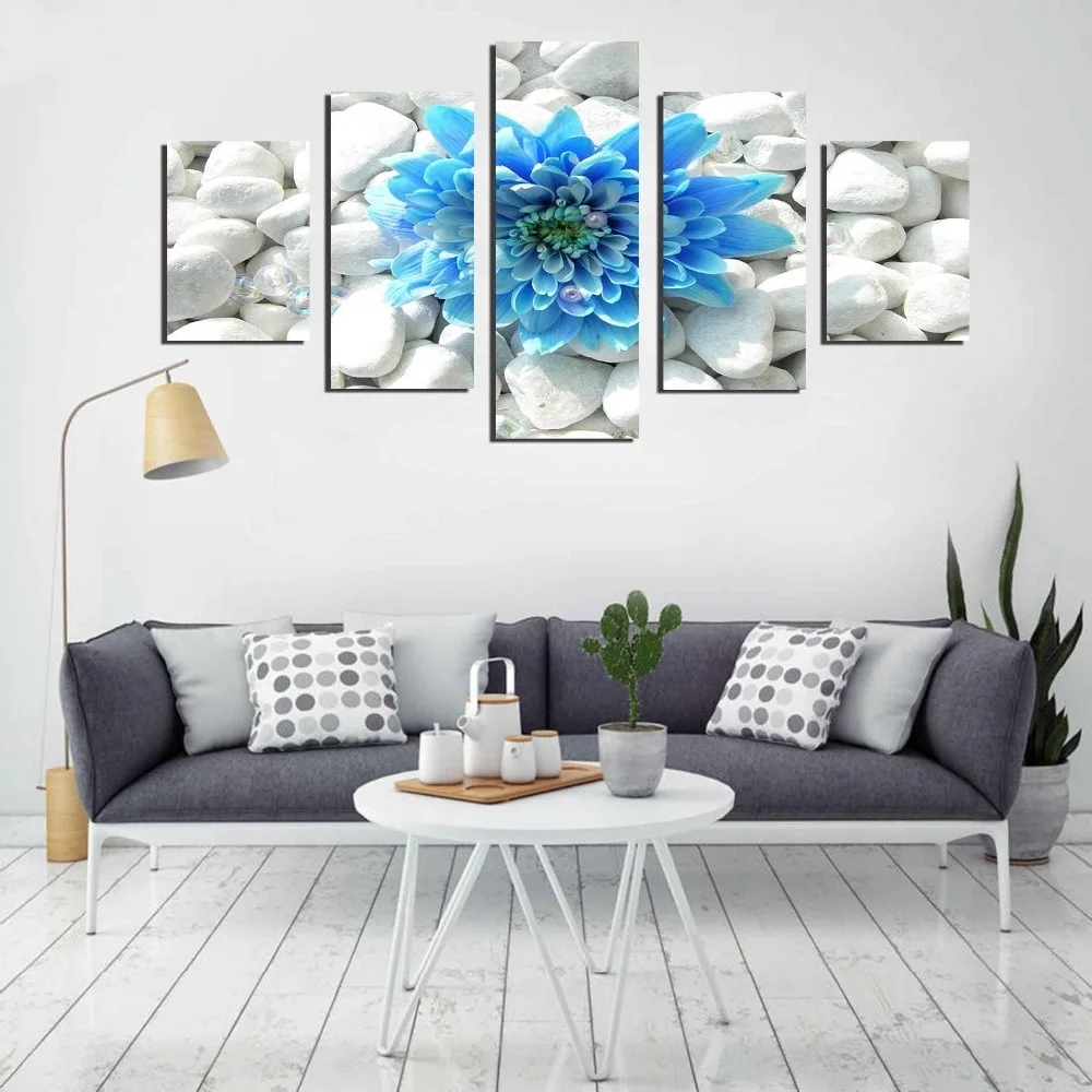 

5 Piece Blue Flowers Landscape Paintings Framework Modular Canvas HD Prints Posters Home Decor Wall Art Pictures