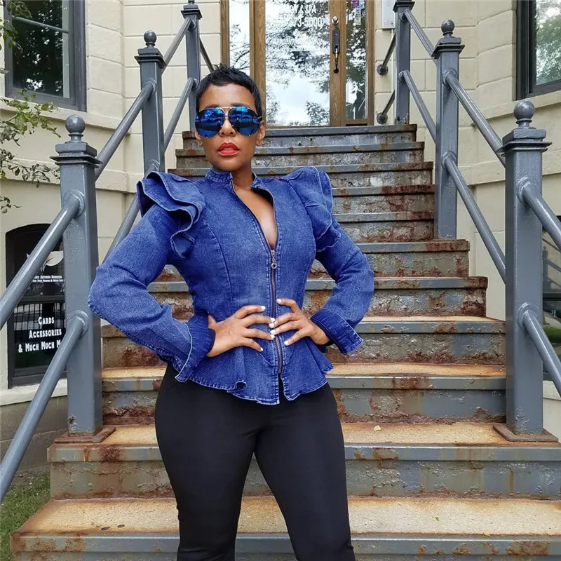 astounding Plus Size Cropped Jeans Jacket Women Autumn Long Sleeve Ruched Zipper Vintage Bomber Jacket Short B