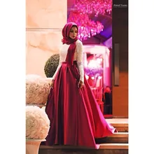 2016 New Arrival Elegant Lace Red Burgundy A Line Satin Long Sleeves O Neck Muslim Evening Dresses For Party Hijab