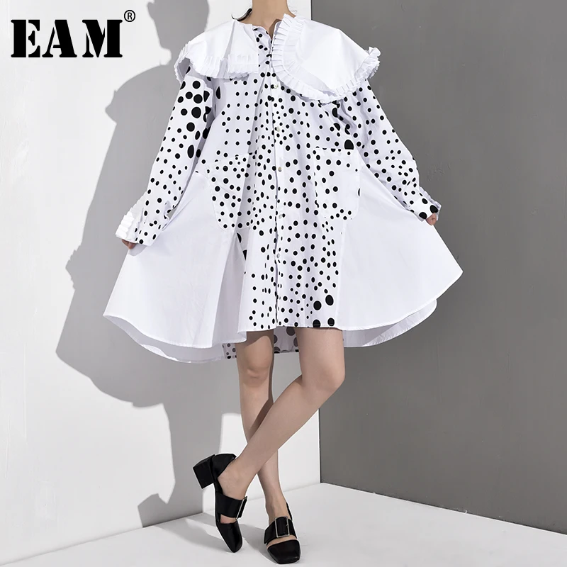 

[EAM] 2019 New Autumn Winter Lapel Long Sleeve Pleated Ruffles Dot Printed Big Size Temperament Dress Women Fashion Tide JR2560