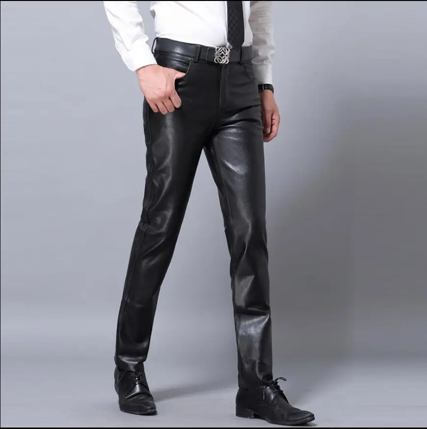 M-4XL Autumn and winter new Korean sheepskin leather pants men Haining leather motorcycle feet slim windproof men's Trousers - Цвет: black Plus velvet