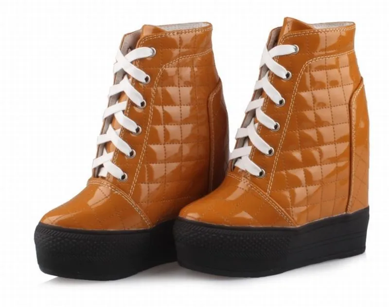 Женская повседневная обувь на шнуровке, визуально увеличивающая рост, на каблуке 14 см; женская обувь из искусственной лакированной кожи на толстой подошве