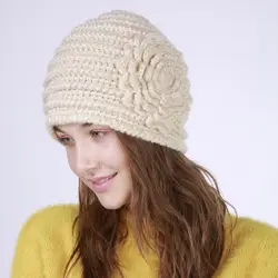 Европейский стиль мода 2018 г. осень зима шерсть вязаный цветок для женщин Шапки толстые теплые шапки бренд Skullies шапочки Женская шляпа