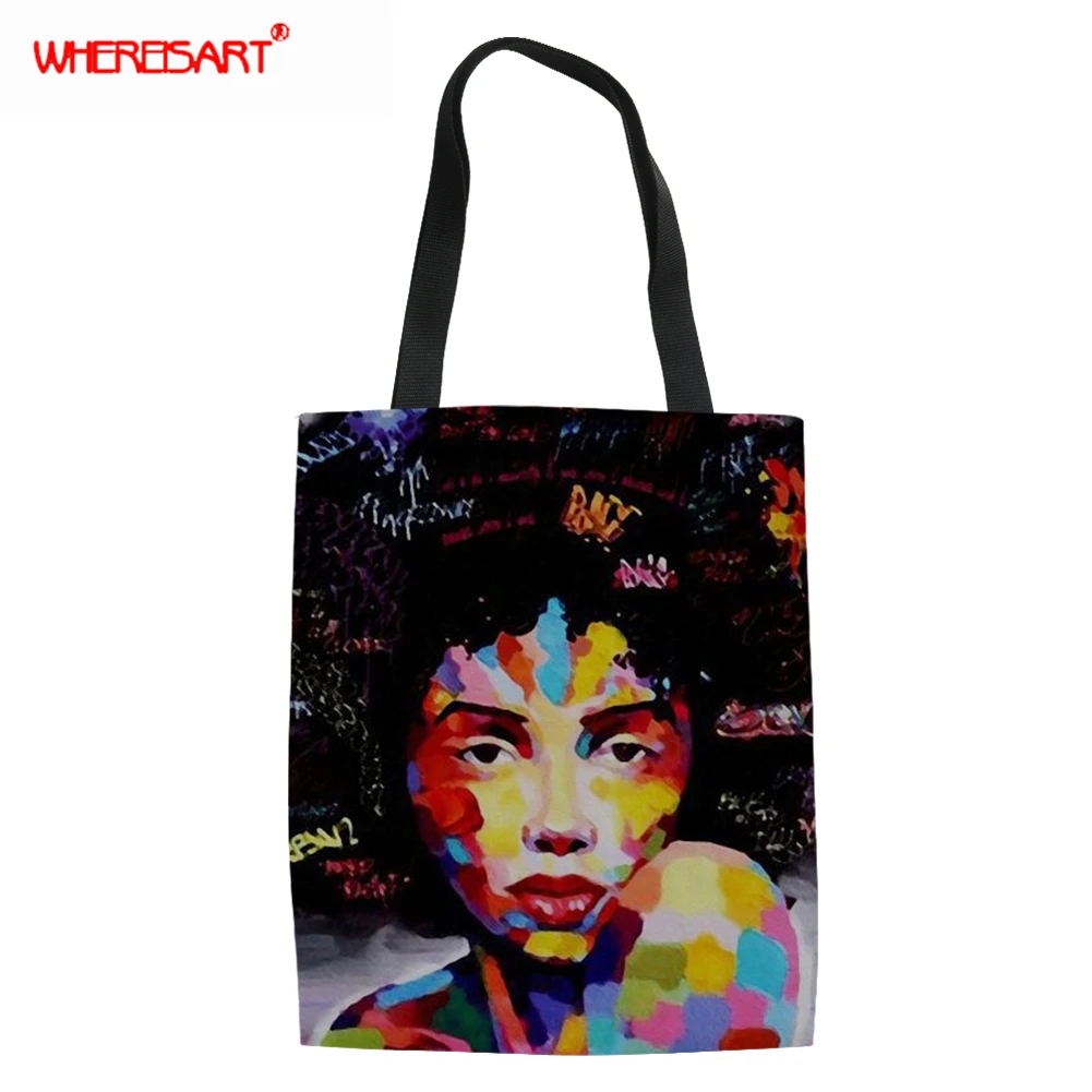 

WHEREISART Women's Canvas Shoulder Bags African Black Queen Woman Shopping Bags Soft Handbag Casual Cloth Tote Shopper Bags