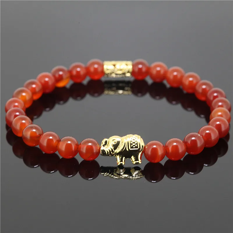 

1PC Nature 6MM Carnelian Stone Beads Bracelet 24K Alloy Elephant Charms Pendant Bracelet Girl Best Friendship Gifts
