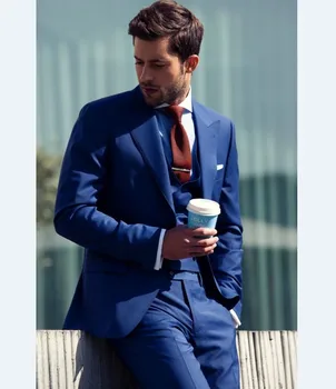 

New Arrival Groomsmen Peak Lapel Groom Tuxedos Royal Blue Men Suits Wedding Best Man Blazer (Jacket+Pants+Vest) C50