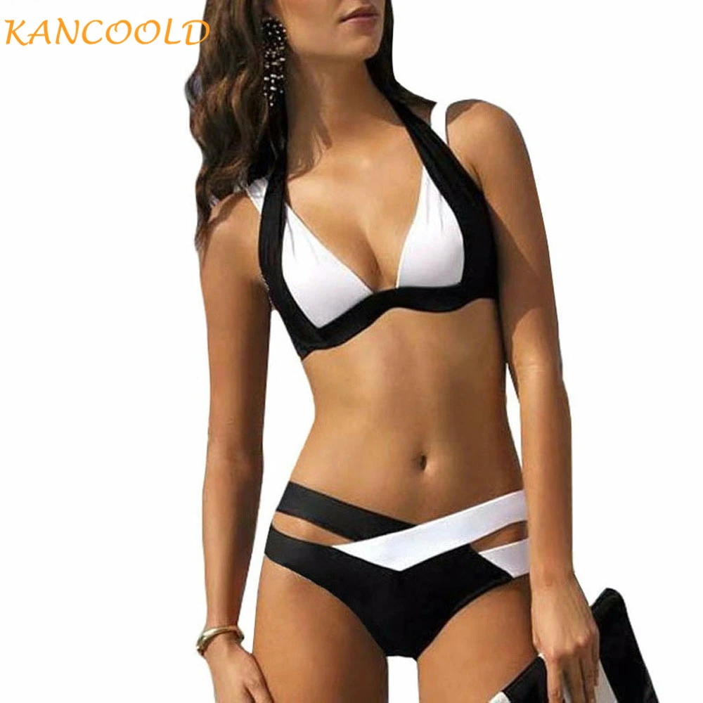 

KANCOOLD Clothes Women 2019 Black White Color Matching Swimwear Women Summer Beachwear Backless Halter Push-Up Split Swimsuit
