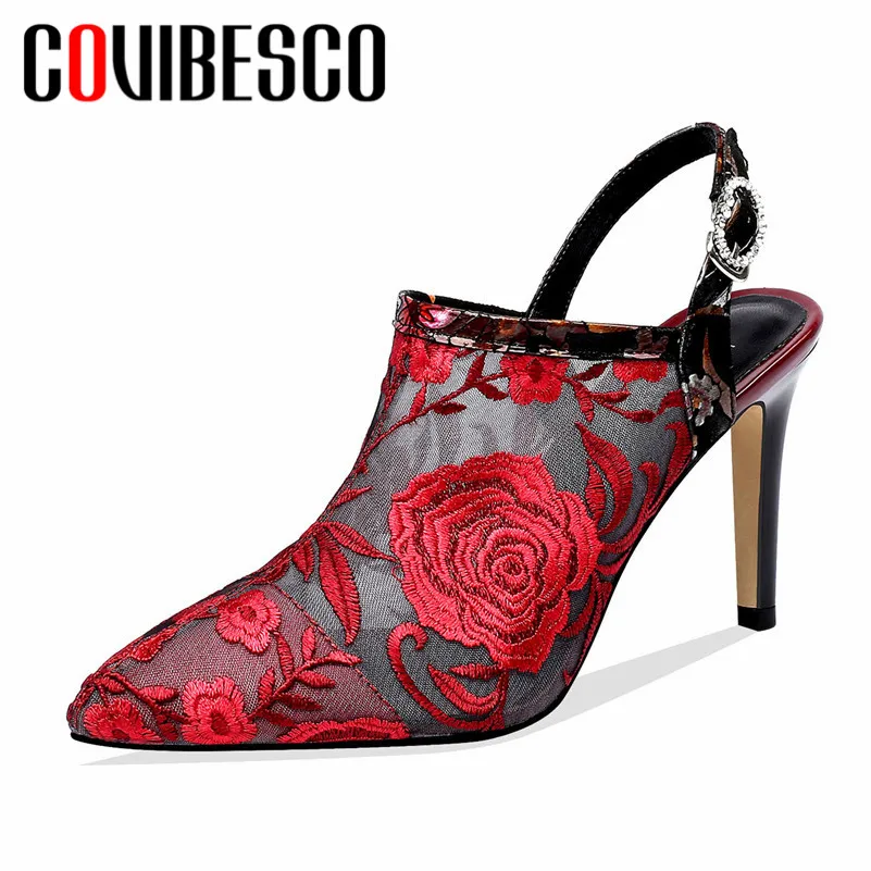 

COVIBESCO Spring Summer Fashion Vintage Embroider Women Pumps 2019 New Pointed Toe Women Sandals Party Night Club Shoes Woman