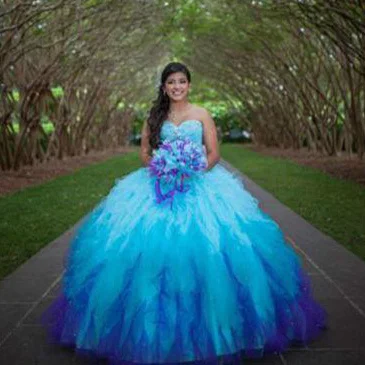 

2019 Colorful Puffy Quinceanera Dresses Debut GownsTiered Tulle Crystal Top Sexy Backless Sweetheart Masquerade Gowns For 16
