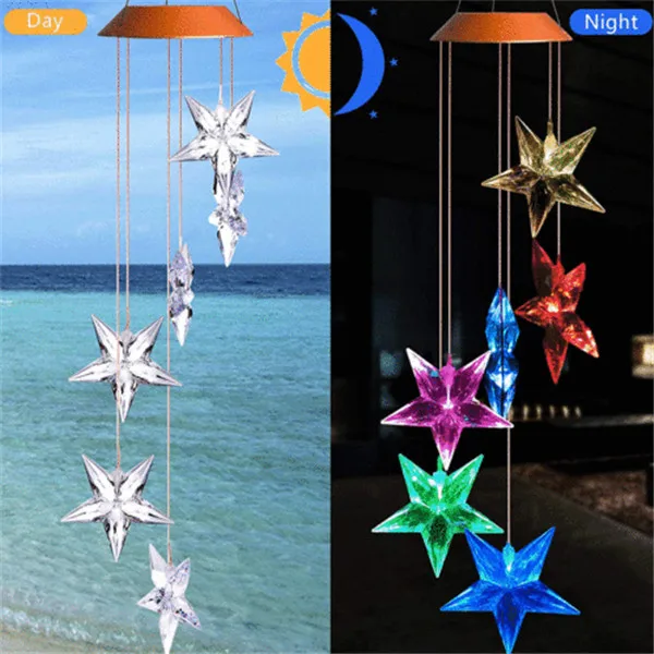 Color Changing LED Solar Powered Stars Wind Chime Light Yard Garden Deco