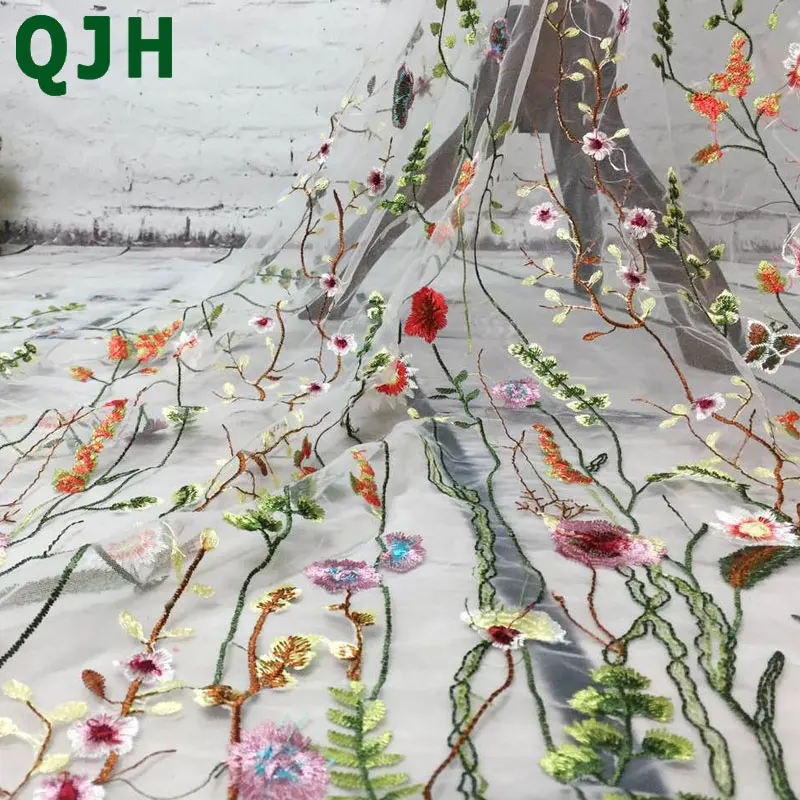 

1yard QJH 2017 Hot Sale Flower Net Embroidered Fabric African Lace Material Sew On Wedding Dress Clothes Fabric Patchwork Diy