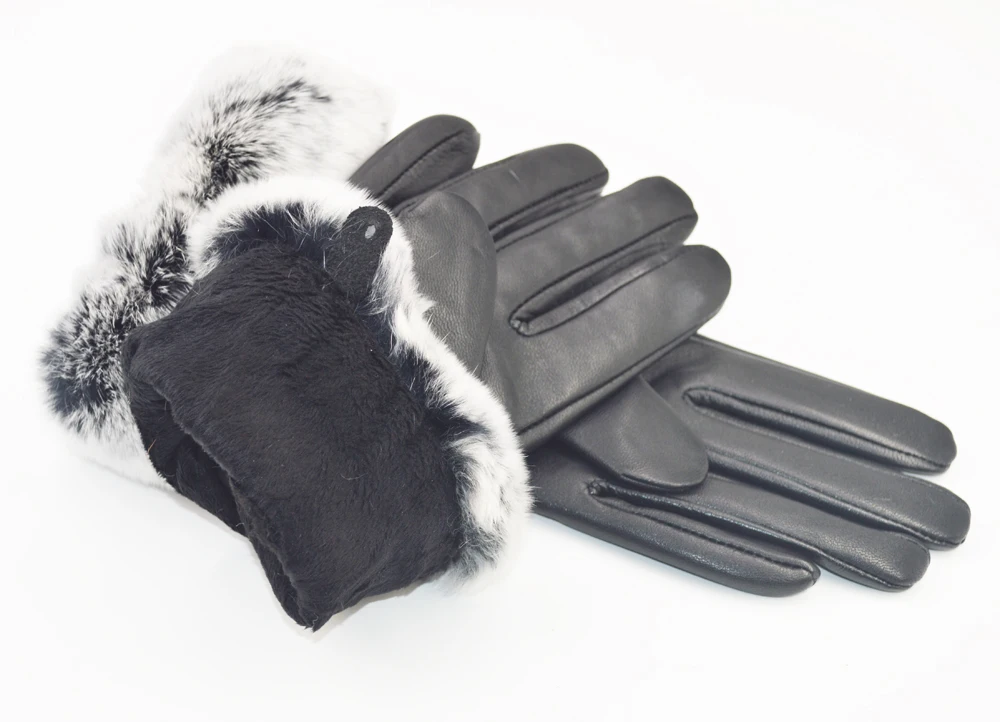 Real Rex Rabbit fur Leather Gloves Women Black Sheepskin Genuine Leather Gloves Winter Warm Soft Sheepskin Leather Gloves