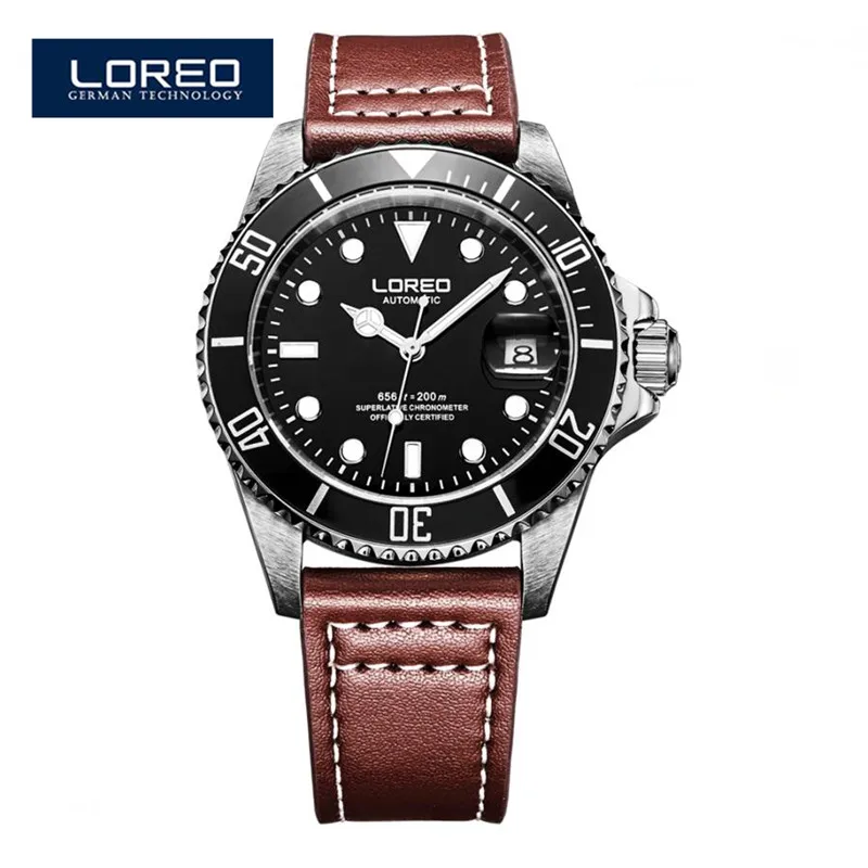 LOREO 2016 Alibaba Famous Brand Men Luxury Automatic Self Wind Watches Sapphire Crystal Auto Date Leather Band Father's Gift A02