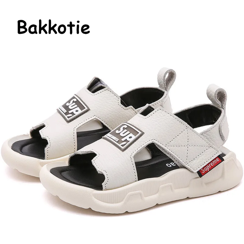 

Bakkotie 2019 Summer New Boys Black Fashion Sport Beach Sandals Girls White Genuine Leather Sandals Kids Soft Casual Flats Shoes