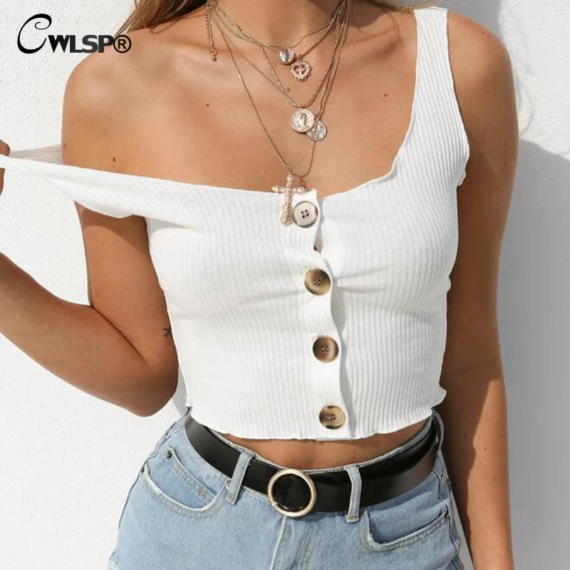 CWLSP Sexy U neck Solid Crop top Women Tank Top with Buttons Holiday