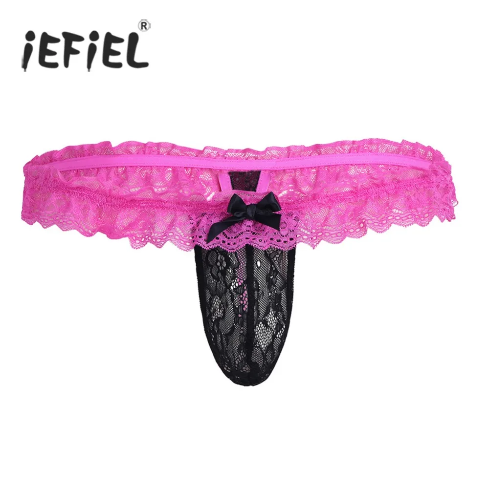 Iefiel Men Lingerie Lace See Through Open Butt Hollow Out Bikini G String Underwear Underpants