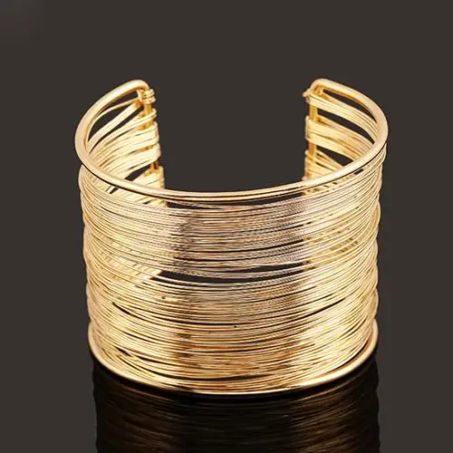 

Hot golden Women Multilayer Metal Wires Strings Open Bangle Wide Cuff Bracelet
