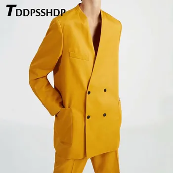 

Candy Yellow Color Women Suit Style Coat Double Breasted V Neck Elegant Office Lady Female Jacket