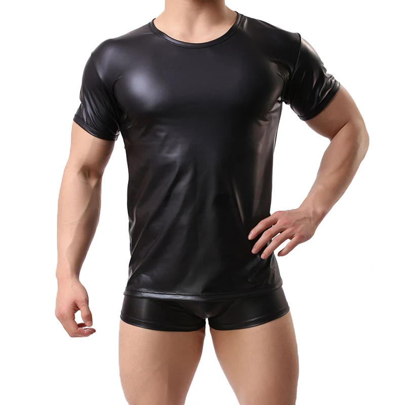 XXL Plus Size PU Leather Tight T Shirts Men Sexy Fitness Tops T shirt